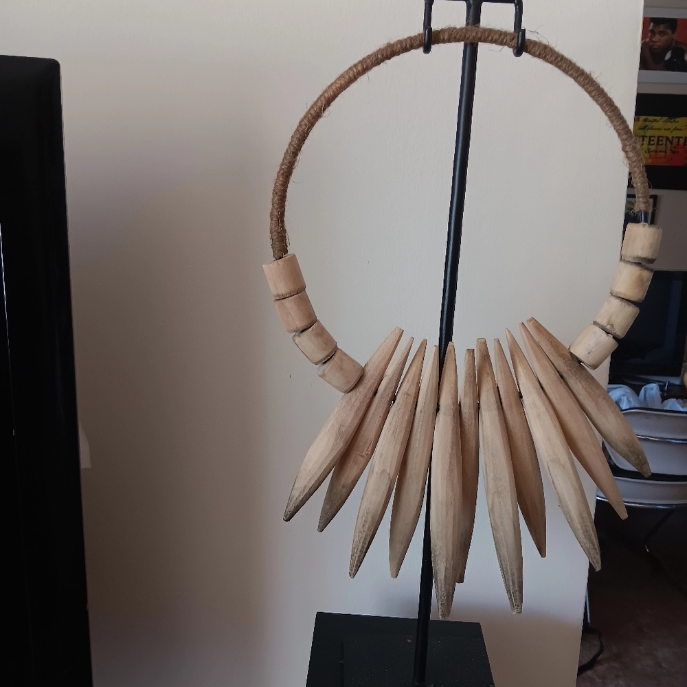 2-Teak Wood Necklace Handmade Decorative Sculpture Tribal Home Decor Stature